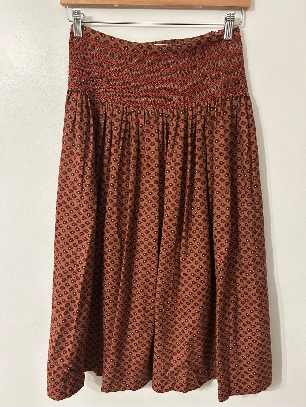 Glenora Flannel Smocked Waist Midi Skirt in Cottagecore Rust Paisley Print